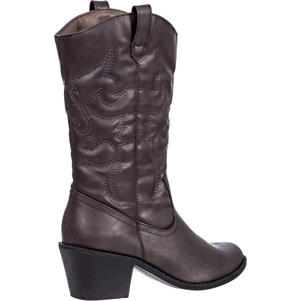 Women's Brown Mid Calf Boot Embroidered Stiching Western Cowgirl Boots Low Heel